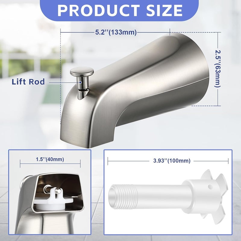 Enhon Tub Spout, Universal Fits 1/2'' Copper Pipe, 1/2'' IPS and 3/4'' IPS, Bathroom Bathtub Tub Faucet Replacement with Adapters(with Diverter,Brushed Nickel) - Image 2